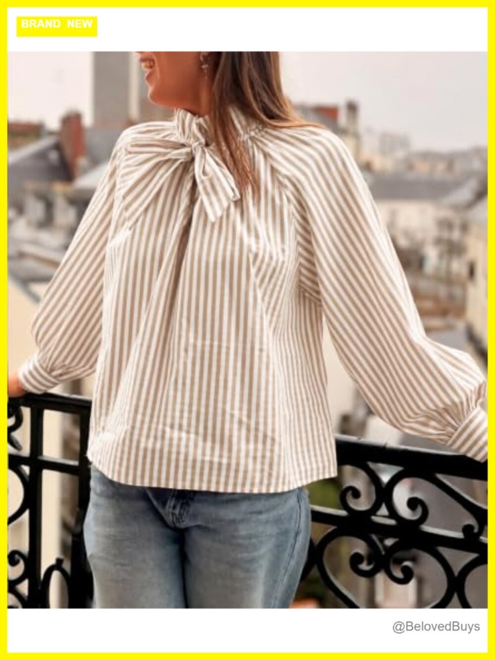 Cotton Striped Bow Tie Blouse Puff Long Sleeve Ruffle Women's Top - Picture 5 of 6